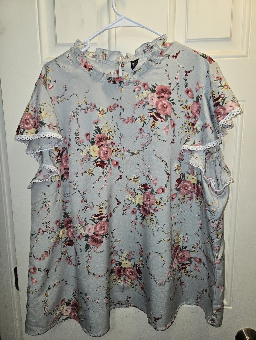 SHEIN Light Blue Floral Ruffle Blouse with Pink and Yellow Blooms